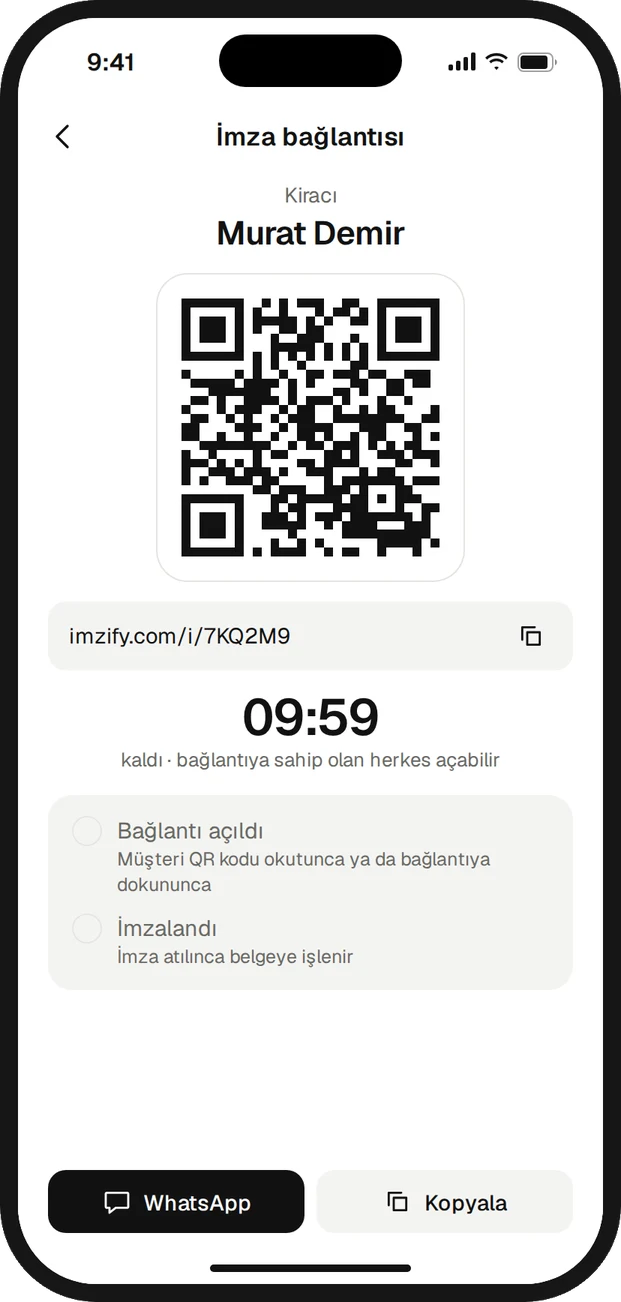 10 dakikalık imza bağlantısı ve QR kod ekranı